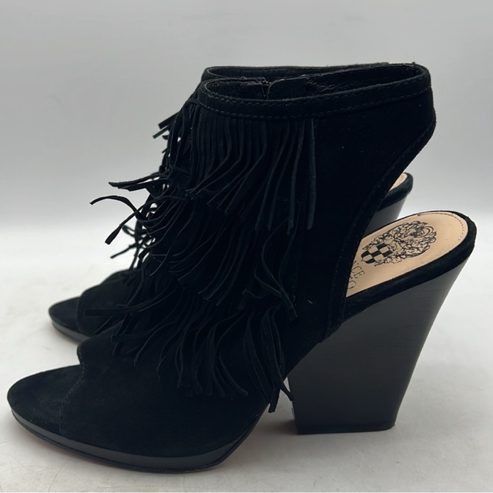 Vince Camuto Black Suede Heeled Open Toe Fringe Booties size 7.5